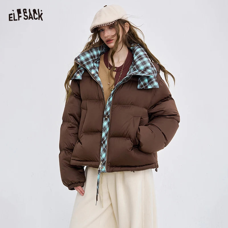 ELFSACK 2025 Winter New Arrivals Reversible Y2K Striped Short High-Neck Hooded Down Jacket For Woman