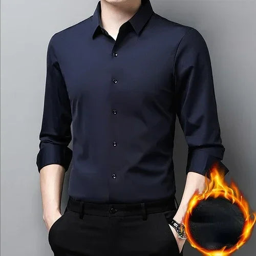 Tcyeek  Mulberry Silk Long Sleeve Shirt for Men 1808 Autumn and Winter Plush Thickened Business Silk Shirts Men's Clothing