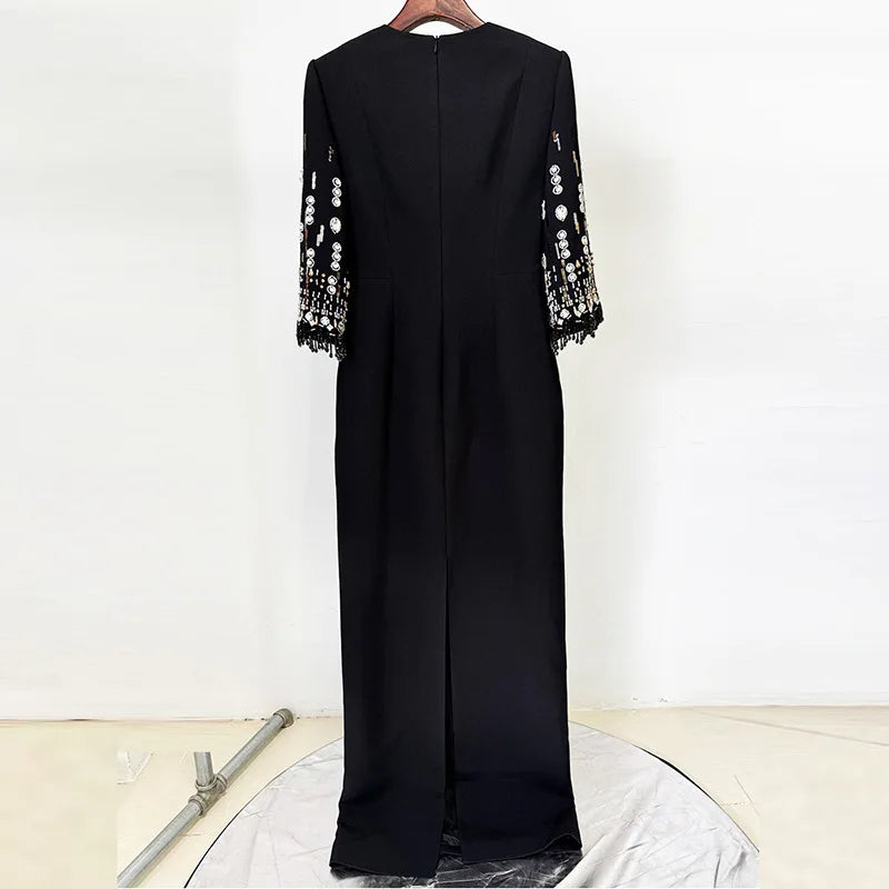 Eshin Women's Light Blue Embellished Maxi Dress Elegant Round Neck Formal Evening Gown Three Quarter Sleeve Beaded SA21