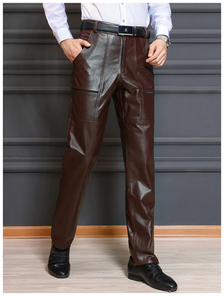 Men's Thickened Leather Pants with Detachable Warm Fleece Liner Genuine Cowhide Goatskin for Autumn And Winter