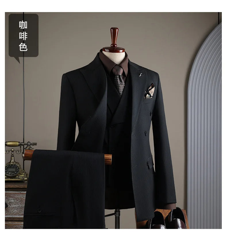 High Quality Mens Suit Formal Business Slim Fit Double-breasted Striped Suit Set Groom Wedding Dress Party Tuxedo Men's Clothing