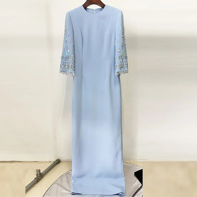 Eshin Women's Light Blue Embellished Maxi Dress Elegant Round Neck Formal Evening Gown Three Quarter Sleeve Beaded SA21