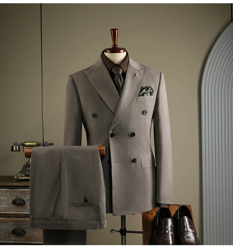 High Quality Mens Suit Formal Business Slim Fit Double-breasted Striped Suit Set Groom Wedding Dress Party Tuxedo Men's Clothing