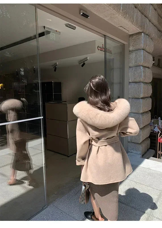 2024 Luxury Loose  Autumn Winter Fox Fur Collar Hooded Wool Cashmere Coat Women's Mid-length Woolen Jacket Outerwear Streetwear