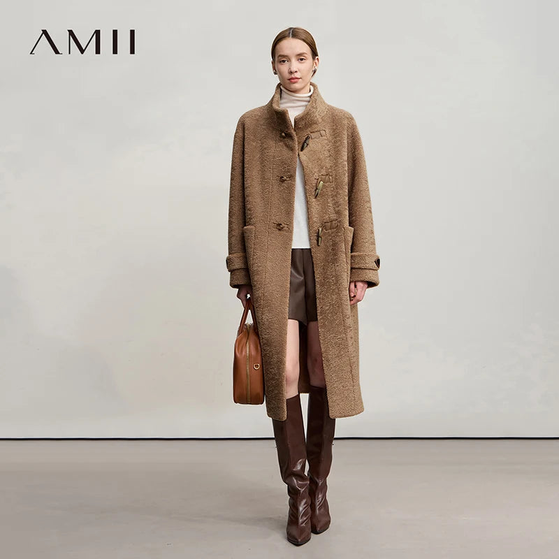 Amii Women's Coat 2025 Winter New Loose Long Half-high Collar Long Sleeves Coat Women Straight Elegant Warm Outerwear 12554010