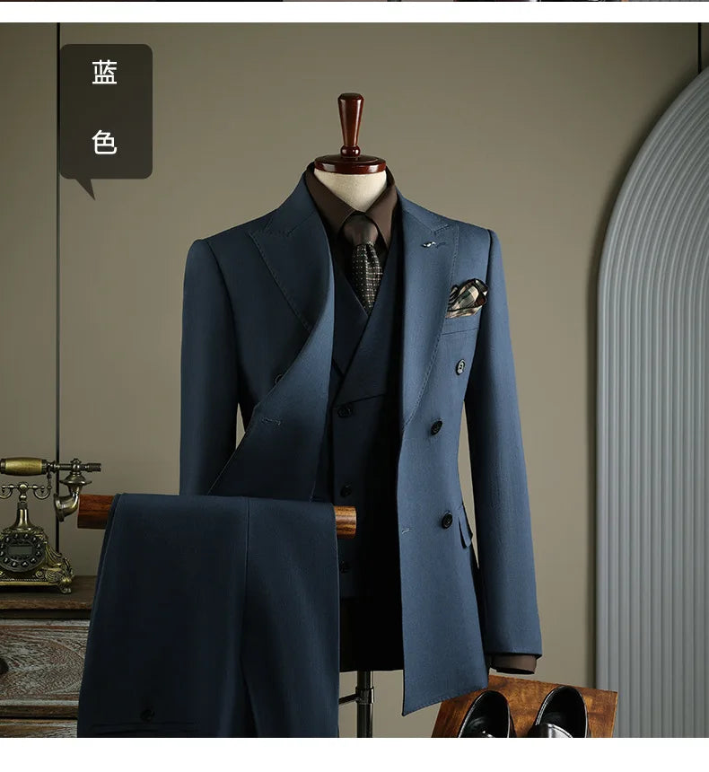 High Quality Mens Suit Formal Business Slim Fit Double-breasted Striped Suit Set Groom Wedding Dress Party Tuxedo Men's Clothing