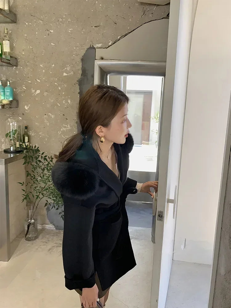 2024 Luxury Loose  Autumn Winter Fox Fur Collar Hooded Wool Cashmere Coat Women's Mid-length Woolen Jacket Outerwear Streetwear