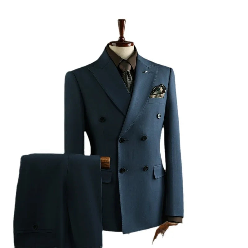 High Quality Mens Suit Formal Business Slim Fit Double-breasted Striped Suit Set Groom Wedding Dress Party Tuxedo Men's Clothing