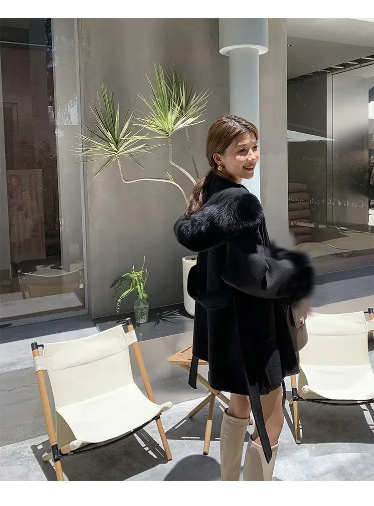 2024 Luxury Loose  Autumn Winter Fox Fur Collar Hooded Wool Cashmere Coat Women's Mid-length Woolen Jacket Outerwear Streetwear