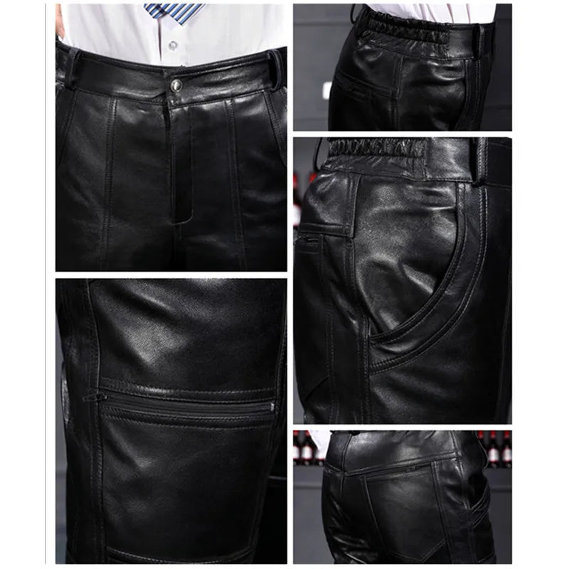 Men's Thickened Leather Pants with Detachable Warm Fleece Liner Genuine Cowhide Goatskin for Autumn And Winter