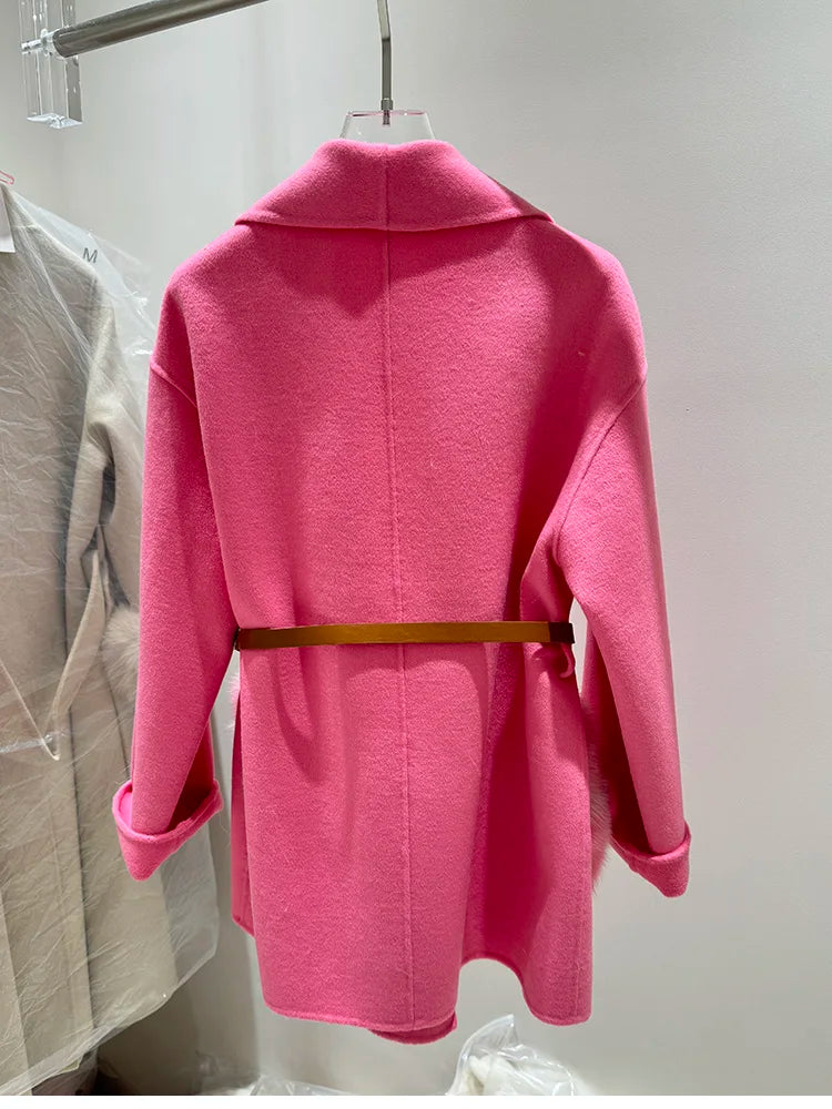 2025 New Women Winter Cashmere Wool Woolen Jacket Real Natural Fox Fur Pocket Coat Ladies Outwear Luxury Jacket