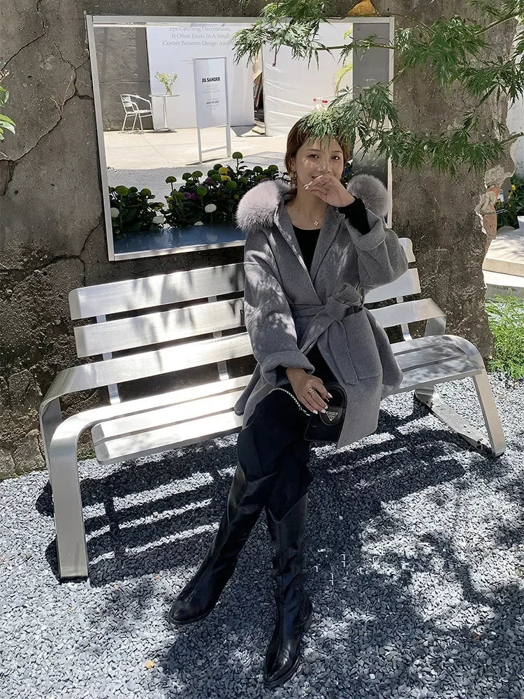 2024 Luxury Loose  Autumn Winter Fox Fur Collar Hooded Wool Cashmere Coat Women's Mid-length Woolen Jacket Outerwear Streetwear