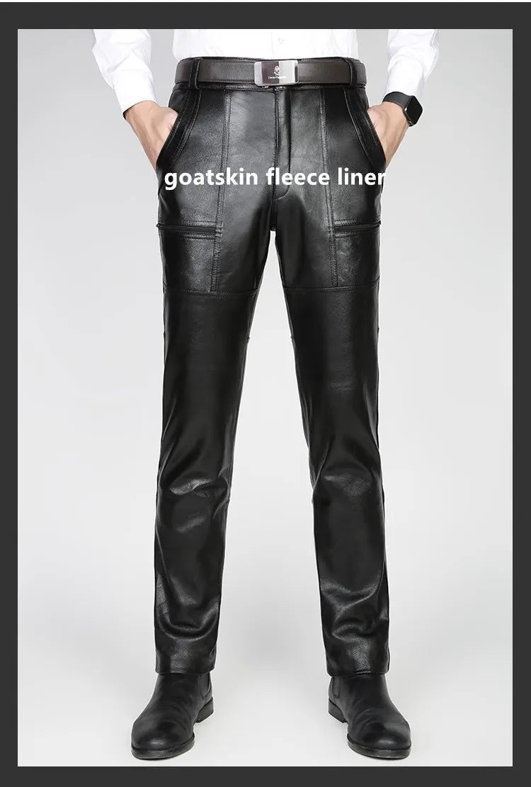 Men's Thickened Leather Pants with Detachable Warm Fleece Liner Genuine Cowhide Goatskin for Autumn And Winter