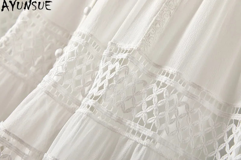 AYUNSUE 100% Mulberry Silk Womens Dress Mid Length White Dresses for Woman Clothes Summer Elegant Dress 2025 Vestidos De Mujer