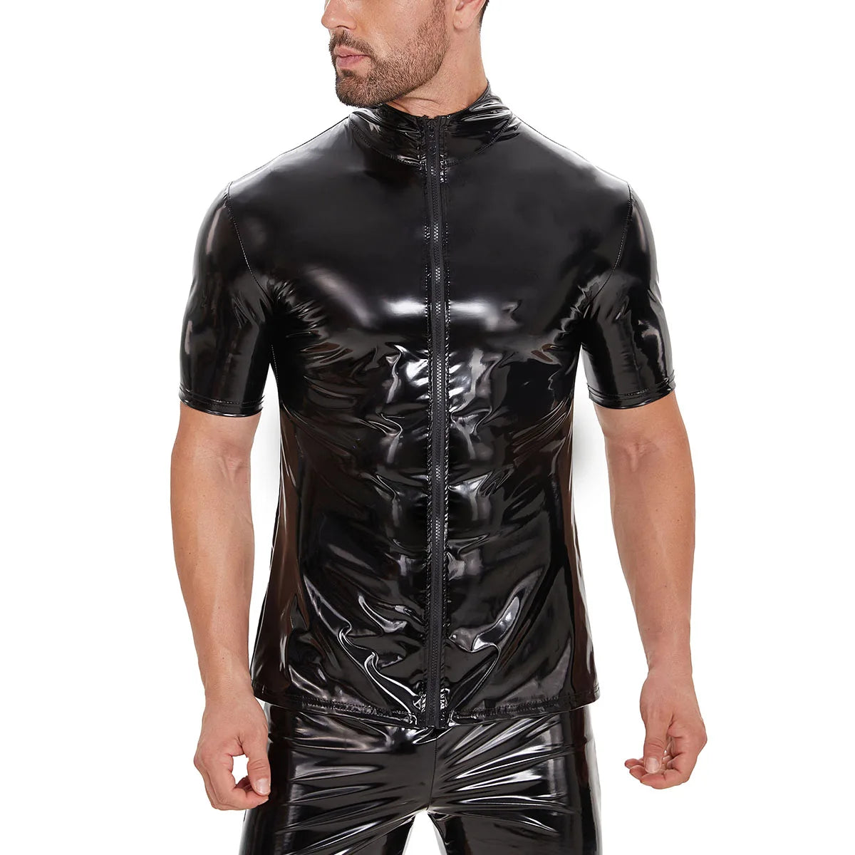 Shiny Leather Shirt For Men Short Sleeve Full Zippper Glossy PVC Leather Tops Plus Size Wetlook Latex Shaping Casual Shirt Sexi