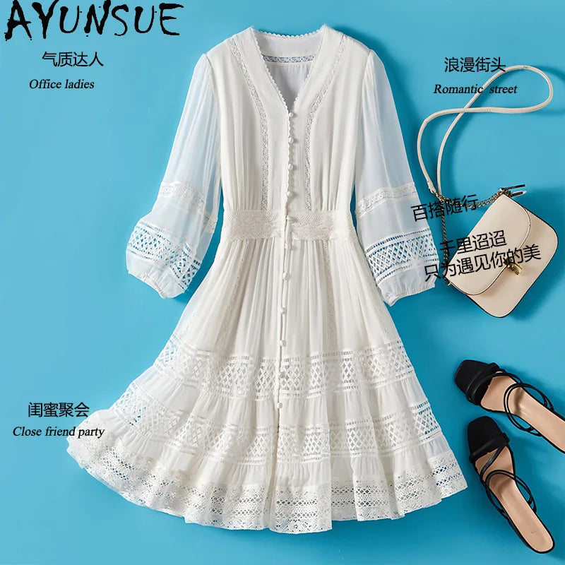 AYUNSUE 100% Mulberry Silk Womens Dress Mid Length White Dresses for Woman Clothes Summer Elegant Dress 2025 Vestidos De Mujer