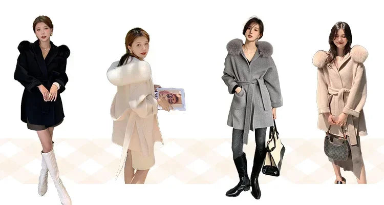 2024 Luxury Loose  Autumn Winter Fox Fur Collar Hooded Wool Cashmere Coat Women's Mid-length Woolen Jacket Outerwear Streetwear
