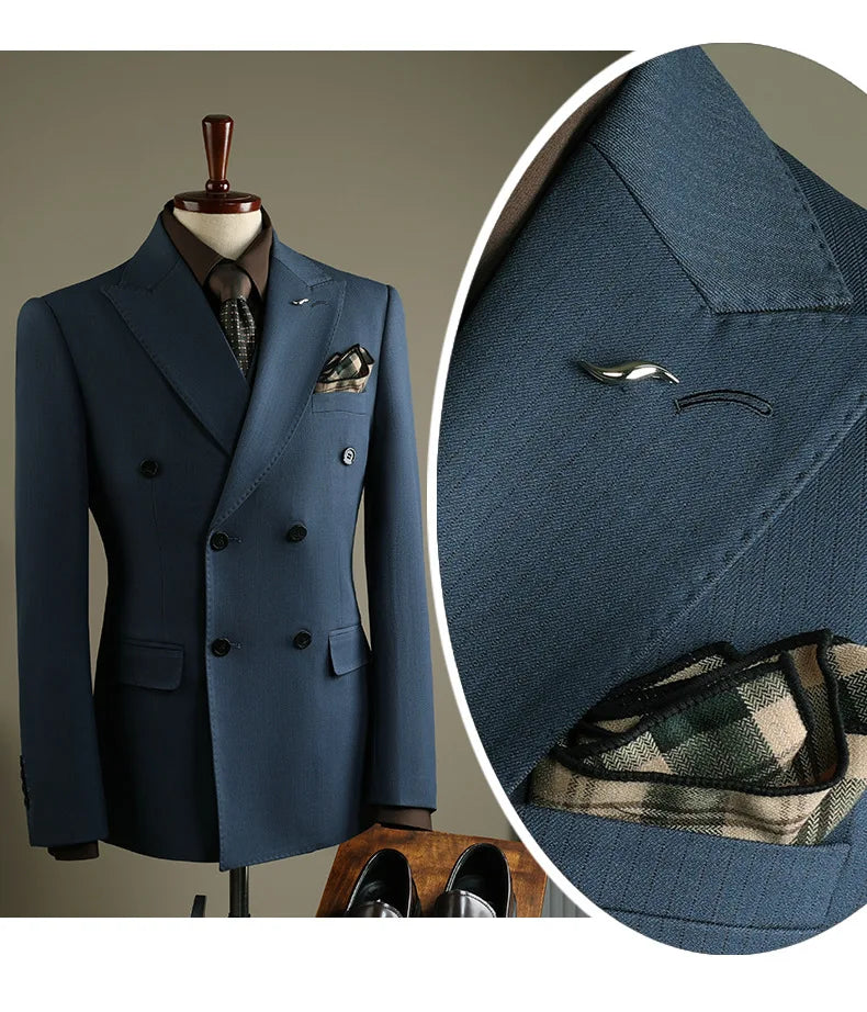 High Quality Mens Suit Formal Business Slim Fit Double-breasted Striped Suit Set Groom Wedding Dress Party Tuxedo Men's Clothing