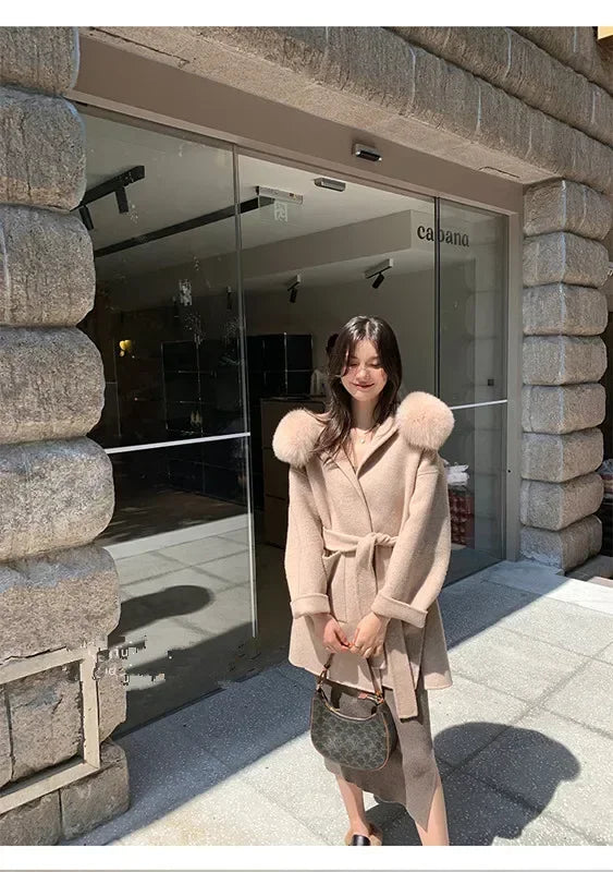 2024 Luxury Loose  Autumn Winter Fox Fur Collar Hooded Wool Cashmere Coat Women's Mid-length Woolen Jacket Outerwear Streetwear