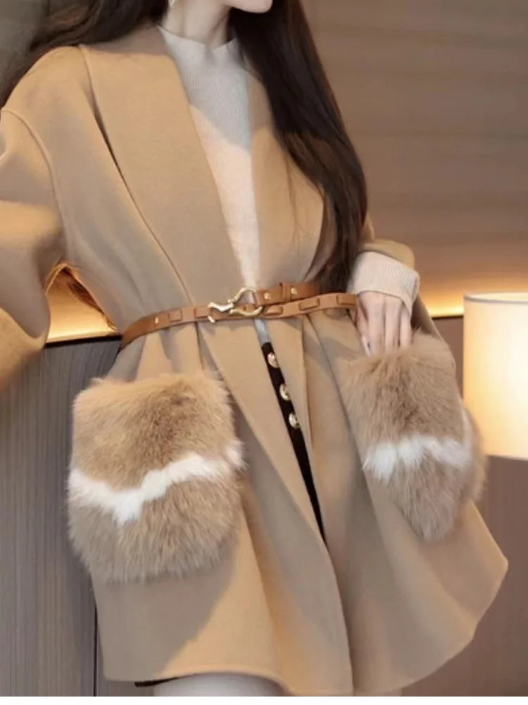 2025 New Women Winter Cashmere Wool Woolen Jacket Real Natural Fox Fur Pocket Coat Ladies Outwear Luxury Jacket