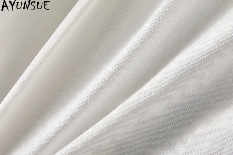 AYUNSUE 100% Mulberry Silk Womens Dress Mid Length White Dresses for Woman Clothes Summer Elegant Dress 2025 Vestidos De Mujer