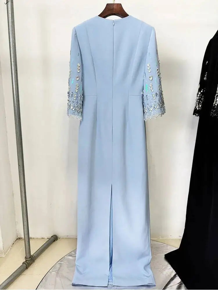Eshin Women's Light Blue Embellished Maxi Dress Elegant Round Neck Formal Evening Gown Three Quarter Sleeve Beaded SA21
