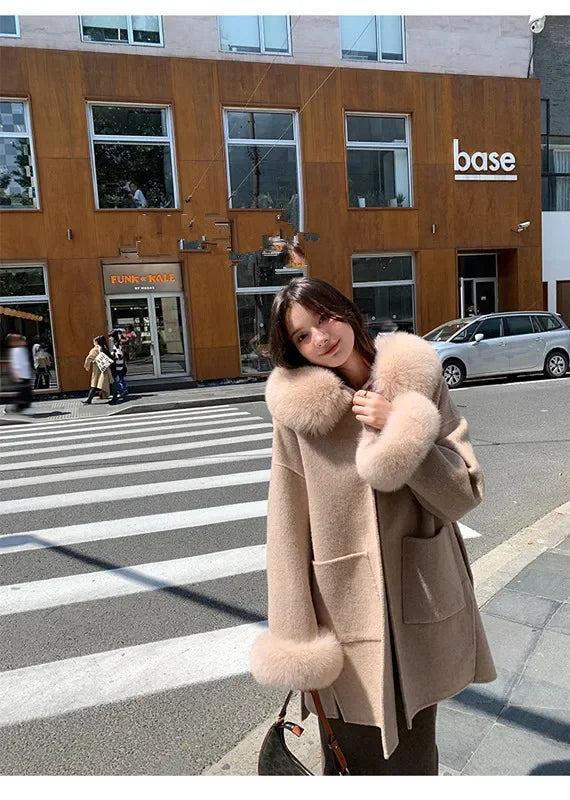 2024 Luxury Loose  Autumn Winter Fox Fur Collar Hooded Wool Cashmere Coat Women's Mid-length Woolen Jacket Outerwear Streetwear