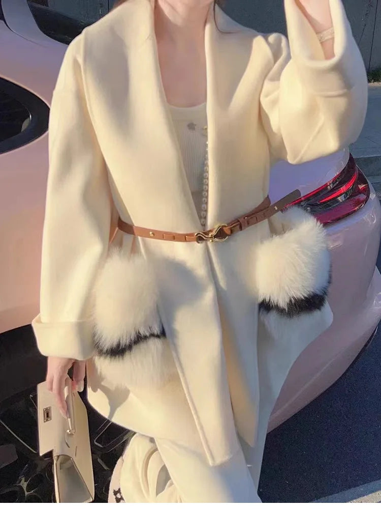 2025 New Women Winter Cashmere Wool Woolen Jacket Real Natural Fox Fur Pocket Coat Ladies Outwear Luxury Jacket