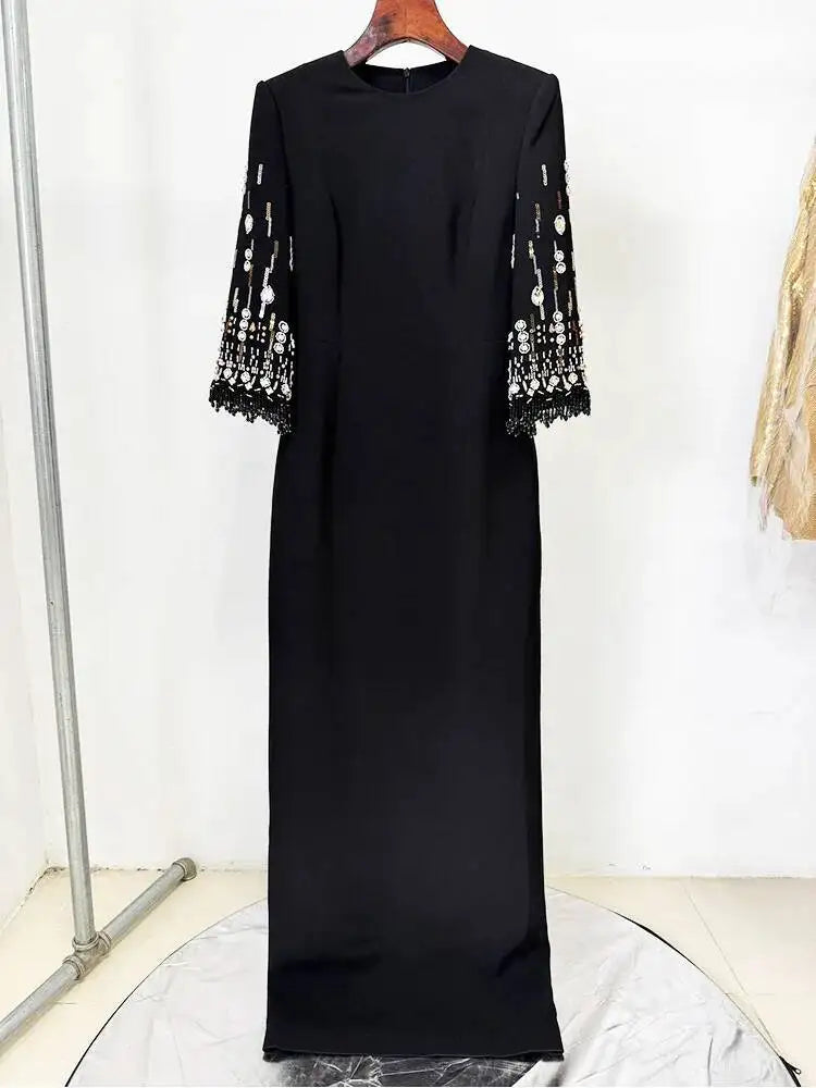 Eshin Women's Light Blue Embellished Maxi Dress Elegant Round Neck Formal Evening Gown Three Quarter Sleeve Beaded SA21