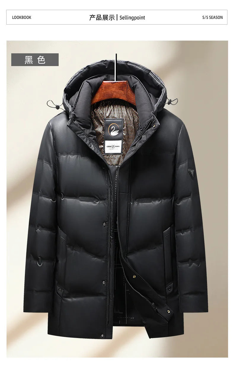 2024 Winter New Men's Medium to Long Leather Goose Down Jacket Thickened Warm and Cold Resistant Goose Down Content 90% Large