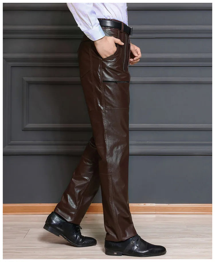 Men's Thickened Leather Pants with Detachable Warm Fleece Liner Genuine Cowhide Goatskin for Autumn And Winter