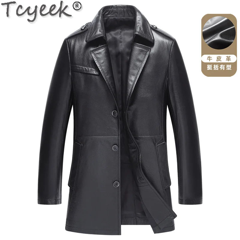 Tcyeek Real Cowhide Genuine Leather Man Jackets Mid-length Trench Coat Spring Autumn Suit Jacket Men Clothing Jaqueta De Couro