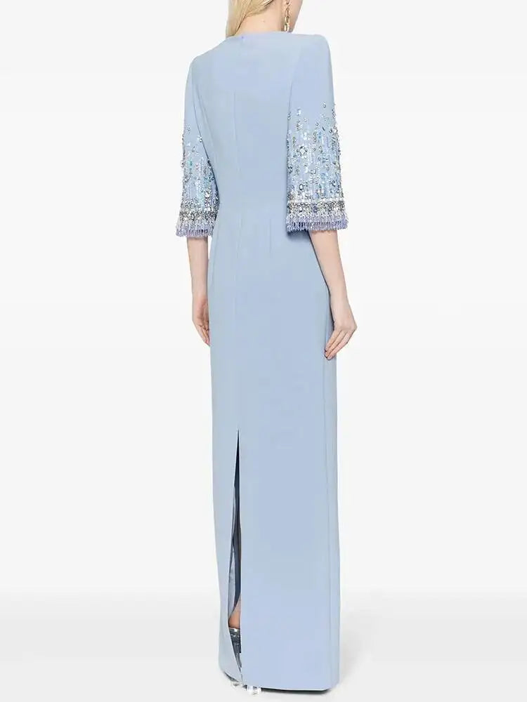 Eshin Women's Light Blue Embellished Maxi Dress Elegant Round Neck Formal Evening Gown Three Quarter Sleeve Beaded SA21