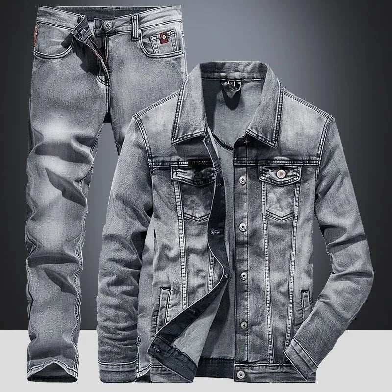 Spring Autumn Men's Denim Suit Loose Fit Plus Size Korean Trendy Two-Piece Student Versatile Outerwear Casual Jacket