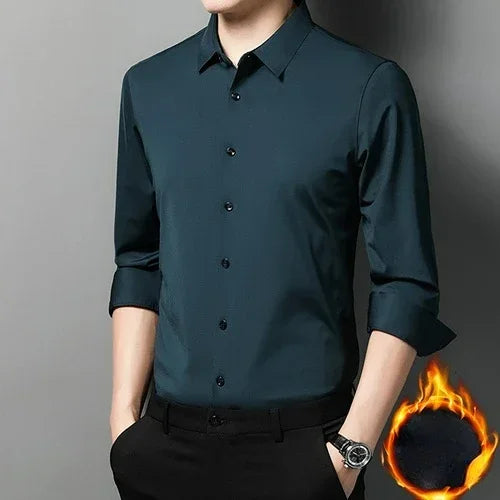 Tcyeek  Mulberry Silk Long Sleeve Shirt for Men 1808 Autumn and Winter Plush Thickened Business Silk Shirts Men's Clothing