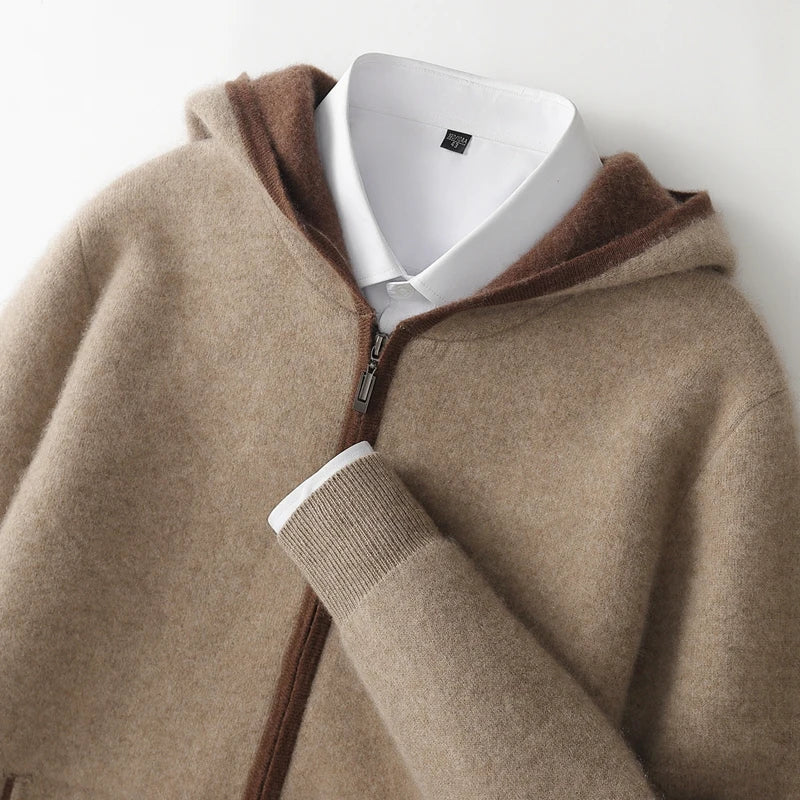 New Men 100% Cashmere Hooded Sweatercoat Autumn Winter Color Block Cardigan Casual Smart Coat Luxury Knitwear Zipper Tops Hoodie