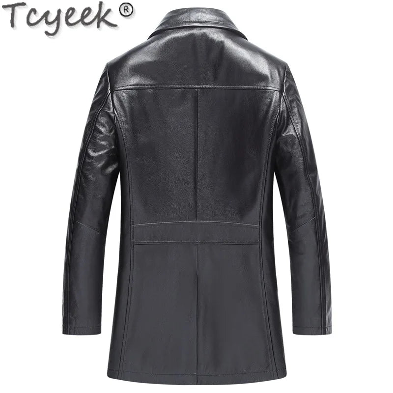 Tcyeek Real Cowhide Genuine Leather Man Jackets Mid-length Trench Coat Spring Autumn Suit Jacket Men Clothing Jaqueta De Couro