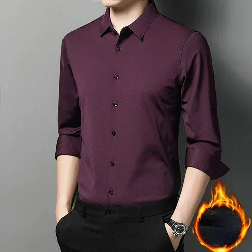 Tcyeek  Mulberry Silk Long Sleeve Shirt for Men 1808 Autumn and Winter Plush Thickened Business Silk Shirts Men's Clothing