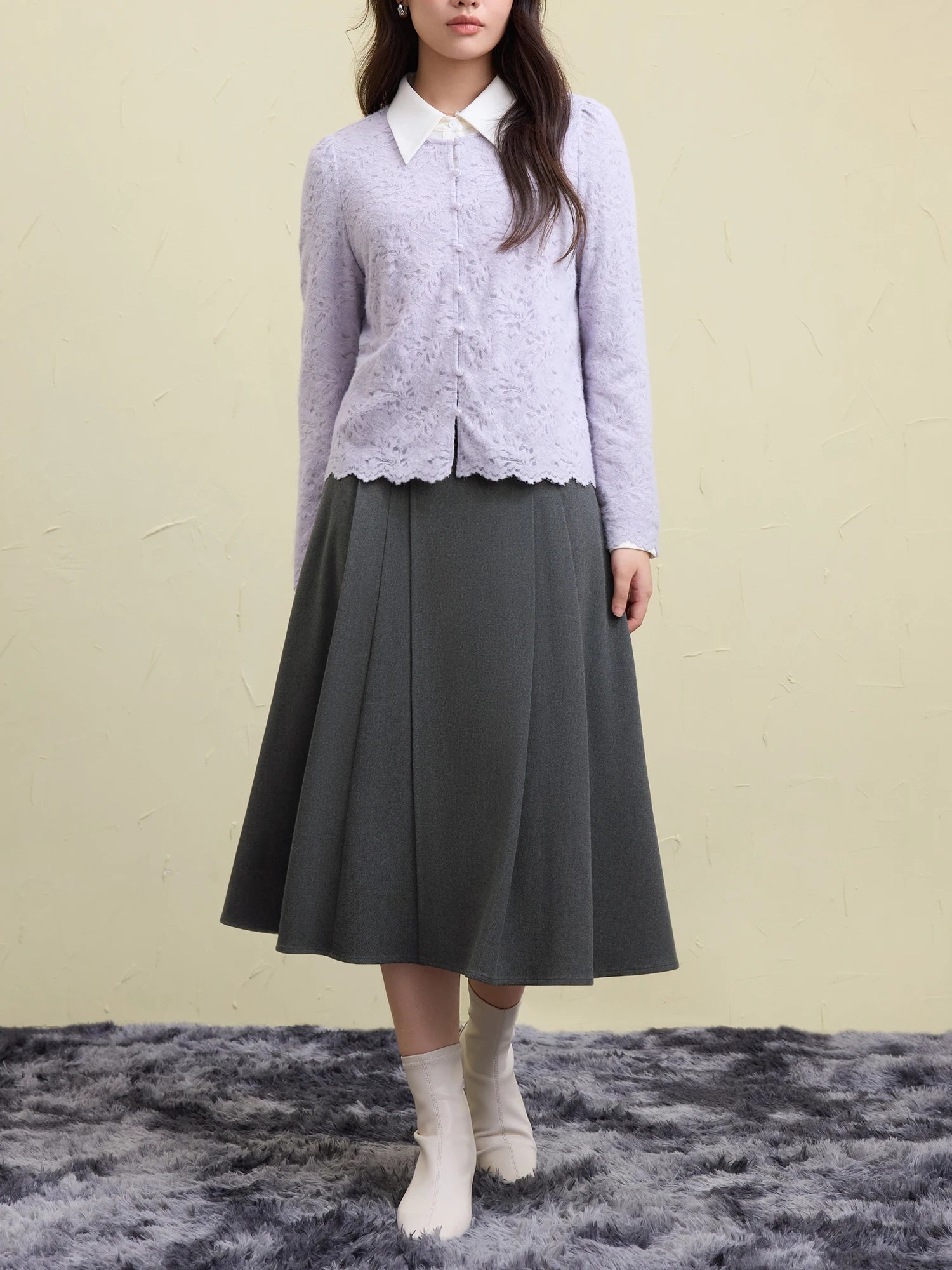 DUSHU Women Lace Cardigans Tops Beige Gentle Style Winter Long Sleeve Lace Blouses Purple Single Breasted Shirt 24DS84651