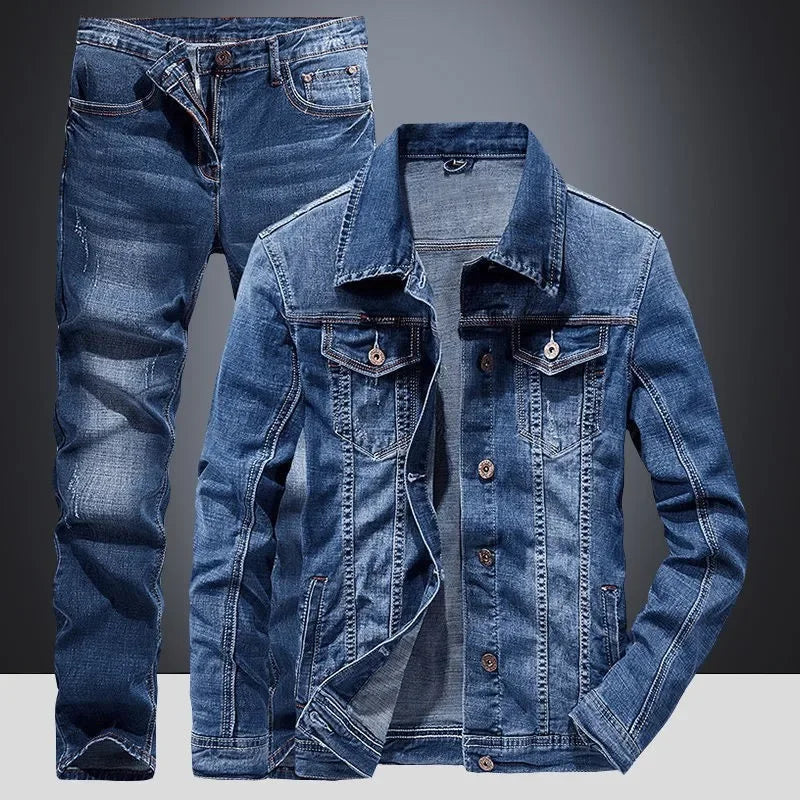 Spring Autumn Men's Denim Suit Loose Fit Plus Size Korean Trendy Two-Piece Student Versatile Outerwear Casual Jacket