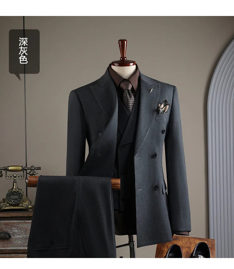High Quality Mens Suit Formal Business Slim Fit Double-breasted Striped Suit Set Groom Wedding Dress Party Tuxedo Men's Clothing