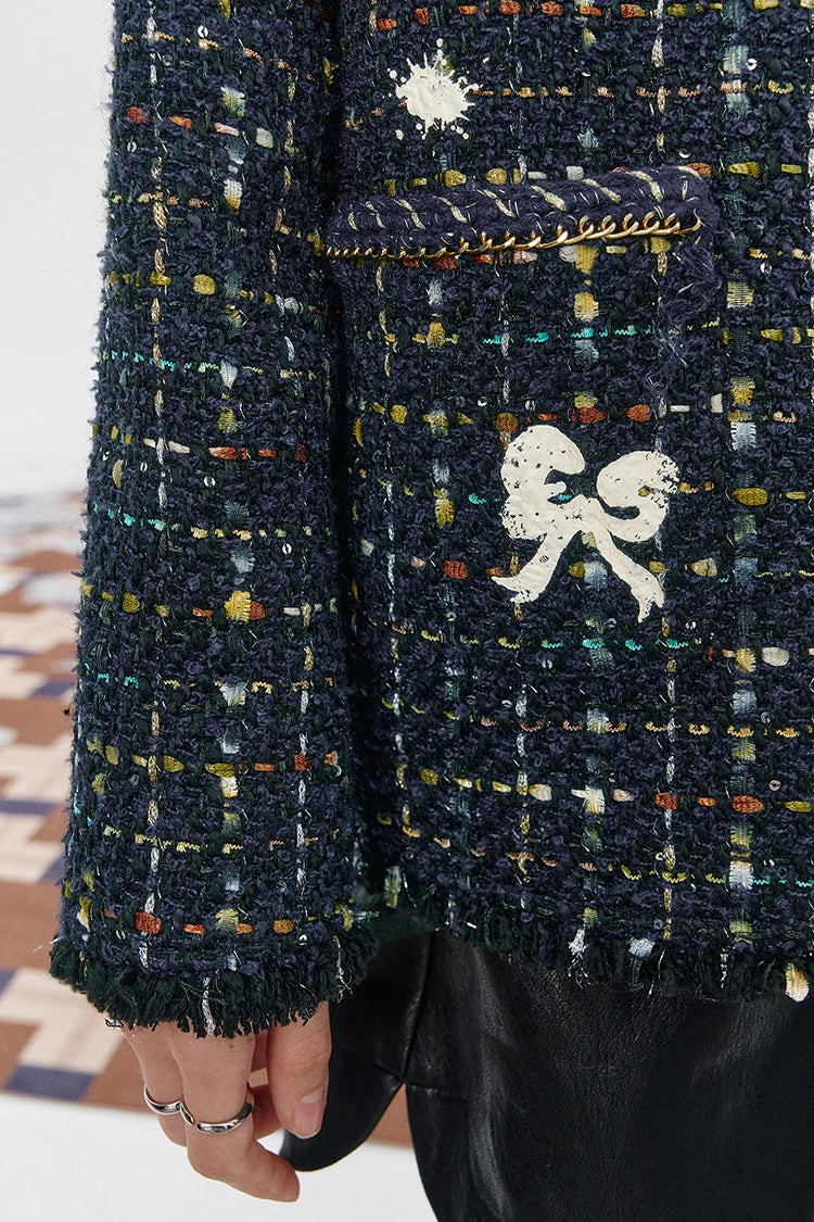 ELFSACK 2025 Autumn New Arrival Elegant French Tweed Premium Brooch Decor Blazer Jacket For Woman