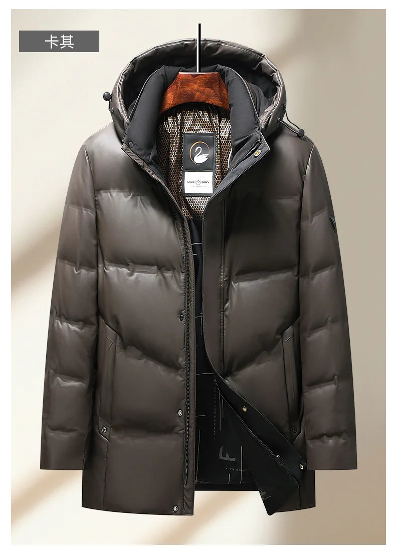 2024 Winter New Men's Medium to Long Leather Goose Down Jacket Thickened Warm and Cold Resistant Goose Down Content 90% Large