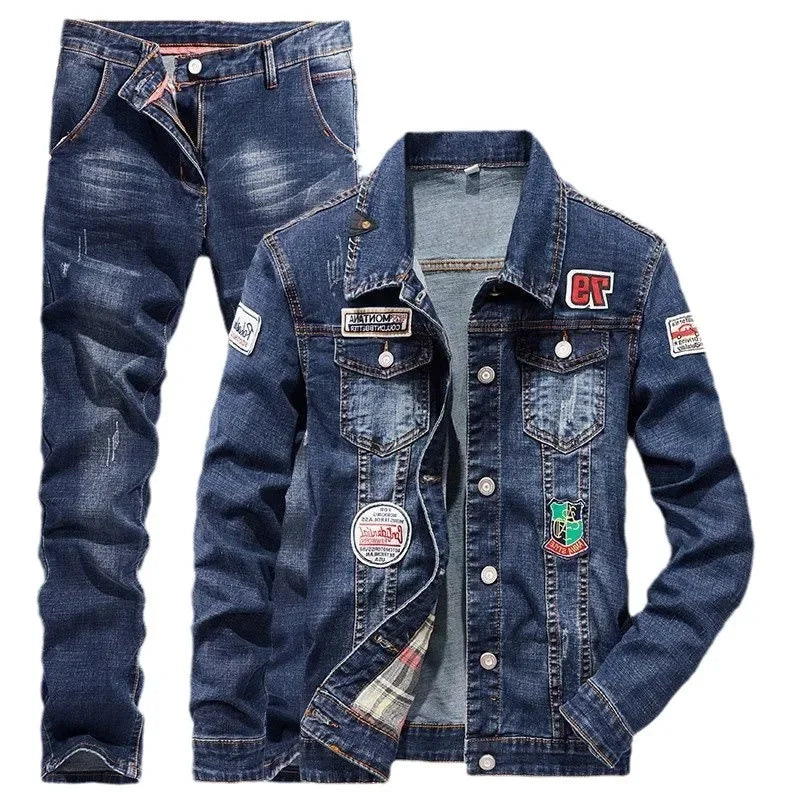 Spring Autumn Men's Denim Suit Loose Fit Plus Size Korean Trendy Two-Piece Student Versatile Outerwear Casual Jacket