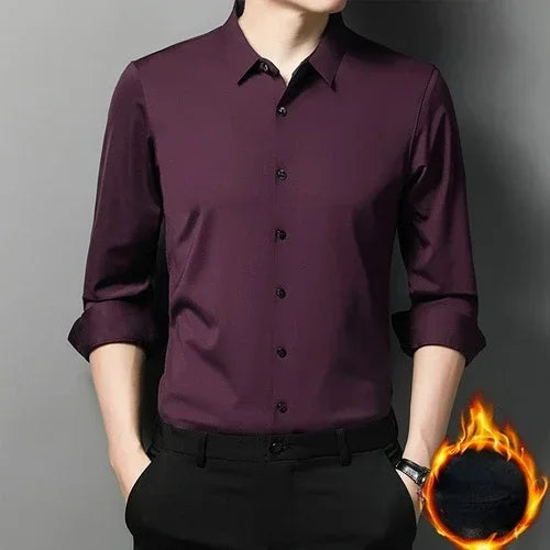 Tcyeek  Mulberry Silk Long Sleeve Shirt for Men 1808 Autumn and Winter Plush Thickened Business Silk Shirts Men's Clothing