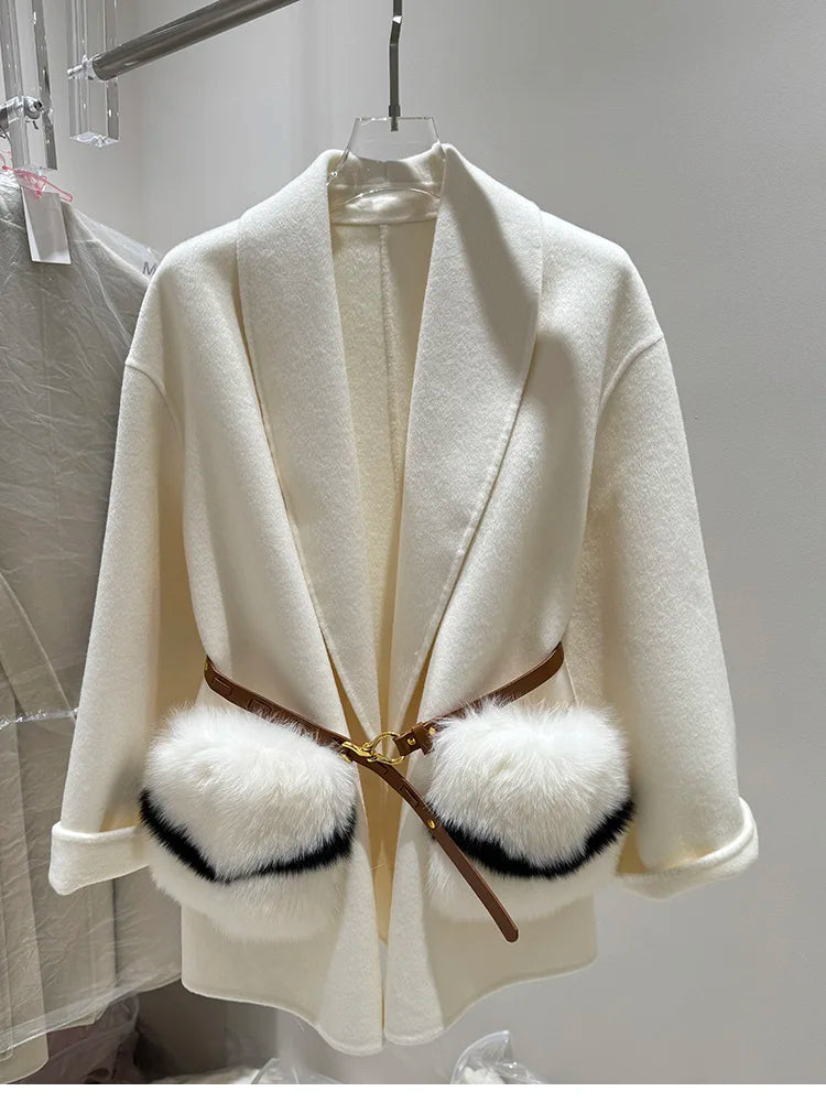 2025 New Women Winter Cashmere Wool Woolen Jacket Real Natural Fox Fur Pocket Coat Ladies Outwear Luxury Jacket