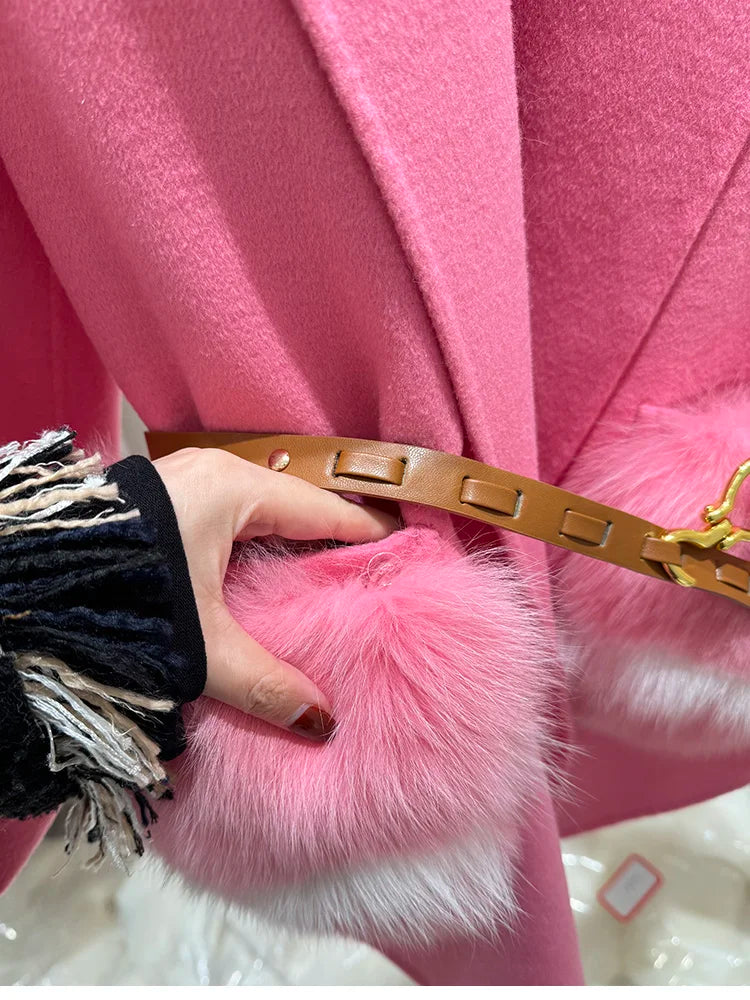 2025 New Women Winter Cashmere Wool Woolen Jacket Real Natural Fox Fur Pocket Coat Ladies Outwear Luxury Jacket