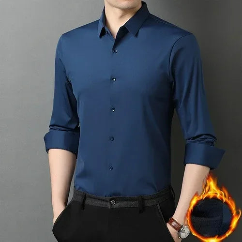 Tcyeek  Mulberry Silk Long Sleeve Shirt for Men 1808 Autumn and Winter Plush Thickened Business Silk Shirts Men's Clothing