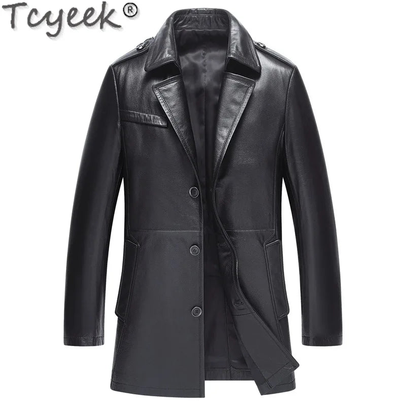 Tcyeek Real Cowhide Genuine Leather Man Jackets Mid-length Trench Coat Spring Autumn Suit Jacket Men Clothing Jaqueta De Couro