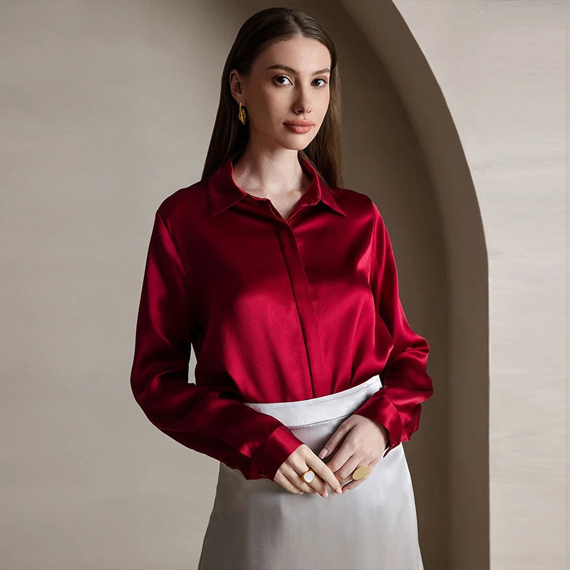 Spring Covered Button Mulberry Silk Shirt Long Sleeve Ladies Clothing Luxury 19Mm 100% Silk Women'S Fashion Blouses